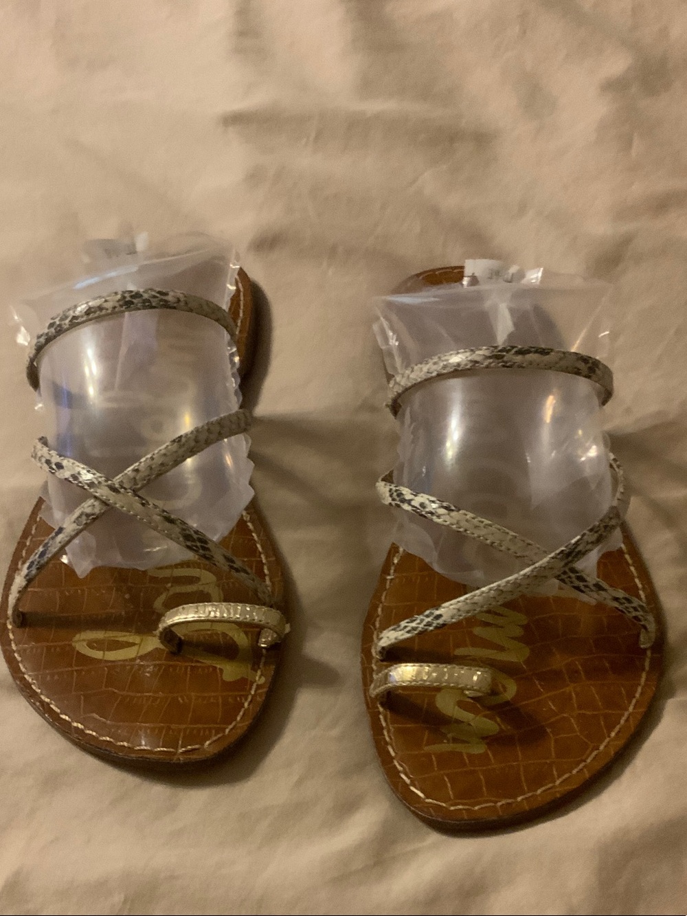 Sam Edelman “GILLIAN” Strappy Snake-Print Sandals in Black & Tan w/Gold Toe - 9M